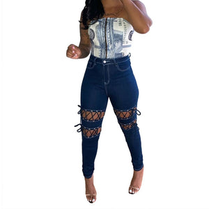 Plus Size Women Solid Lace-Up Hollow Out Jeans High Waist