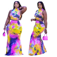 Load image into Gallery viewer, Plus Size Women Clothing Summer Sexy Tie Dye Sleeveless Top And Long Skirt Two Piece Set