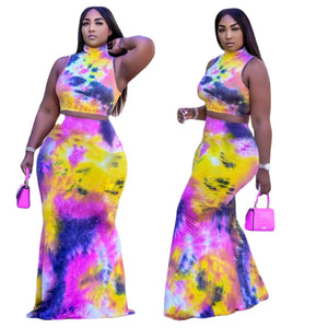 Plus Size Women Clothing Summer Sexy Tie Dye Sleeveless Top And Long Skirt Two Piece Set