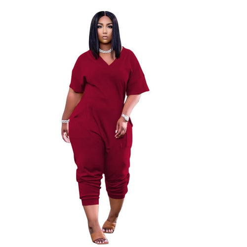 Plus Size Jumpsuit Fashion Pocket Sexy V Neck Casual High Street Solid Color Trousers One Piece Women's Clothing