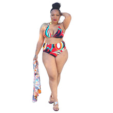 Load image into Gallery viewer, Plus Size 3 Piece Bikini Set Women Print High Waist Wire Free Top Beach Bathing Suits Summer Clothing