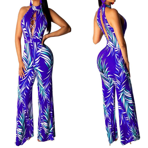 Women Halter Print Plus Size Sleeveless Jumpsuit Pants Casual Wide Leg Playsuit