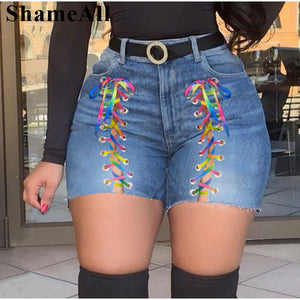 Plus Size Sexy Hollow Out Denim Shorts Women High Waist Ripped Tassel Short Jeans Lace Up Bandage Shorts