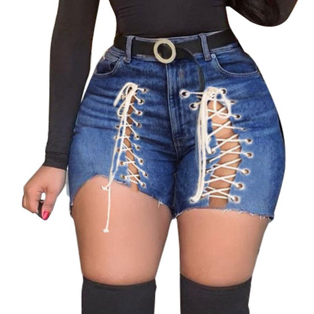 Plus Size Sexy Hollow Out Denim Shorts Women High Waist Ripped Tassel Short Jeans Lace Up Bandage Shorts