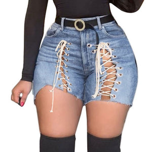 Plus Size Sexy Hollow Out Denim Shorts Women High Waist Ripped Tassel Short Jeans Lace Up Bandage Shorts