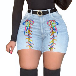 Plus Size Sexy Hollow Out Denim Shorts Women High Waist Ripped Tassel Short Jeans Lace Up Bandage Shorts