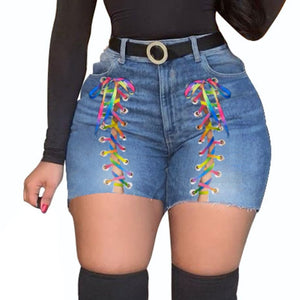 Plus Size Sexy Hollow Out Denim Shorts Women High Waist Ripped Tassel Short Jeans Lace Up Bandage Shorts