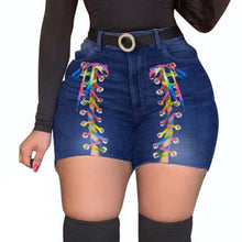 Load image into Gallery viewer, Plus Size Sexy Hollow Out Denim Shorts Women High Waist Ripped Tassel Short Jeans Lace Up Bandage Shorts