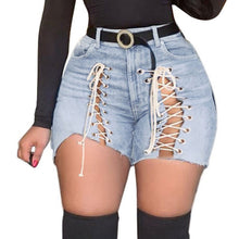 Load image into Gallery viewer, Plus Size Sexy Hollow Out Denim Shorts Women High Waist Ripped Tassel Short Jeans Lace Up Bandage Shorts