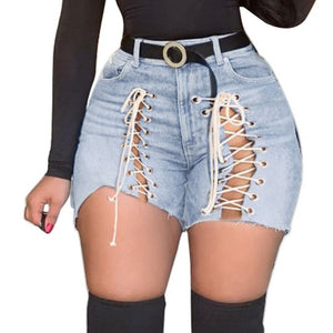 Plus Size Sexy Hollow Out Denim Shorts Women High Waist Ripped Tassel Short Jeans Lace Up Bandage Shorts