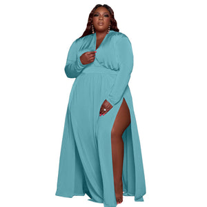 Plus Size Dresses For Women Fashion Casual Split Long Sleeve V Neck Sexy Dress