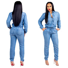 Load image into Gallery viewer, Denim  Plus Size Bodysuit Long Sleeve Romper Jeans