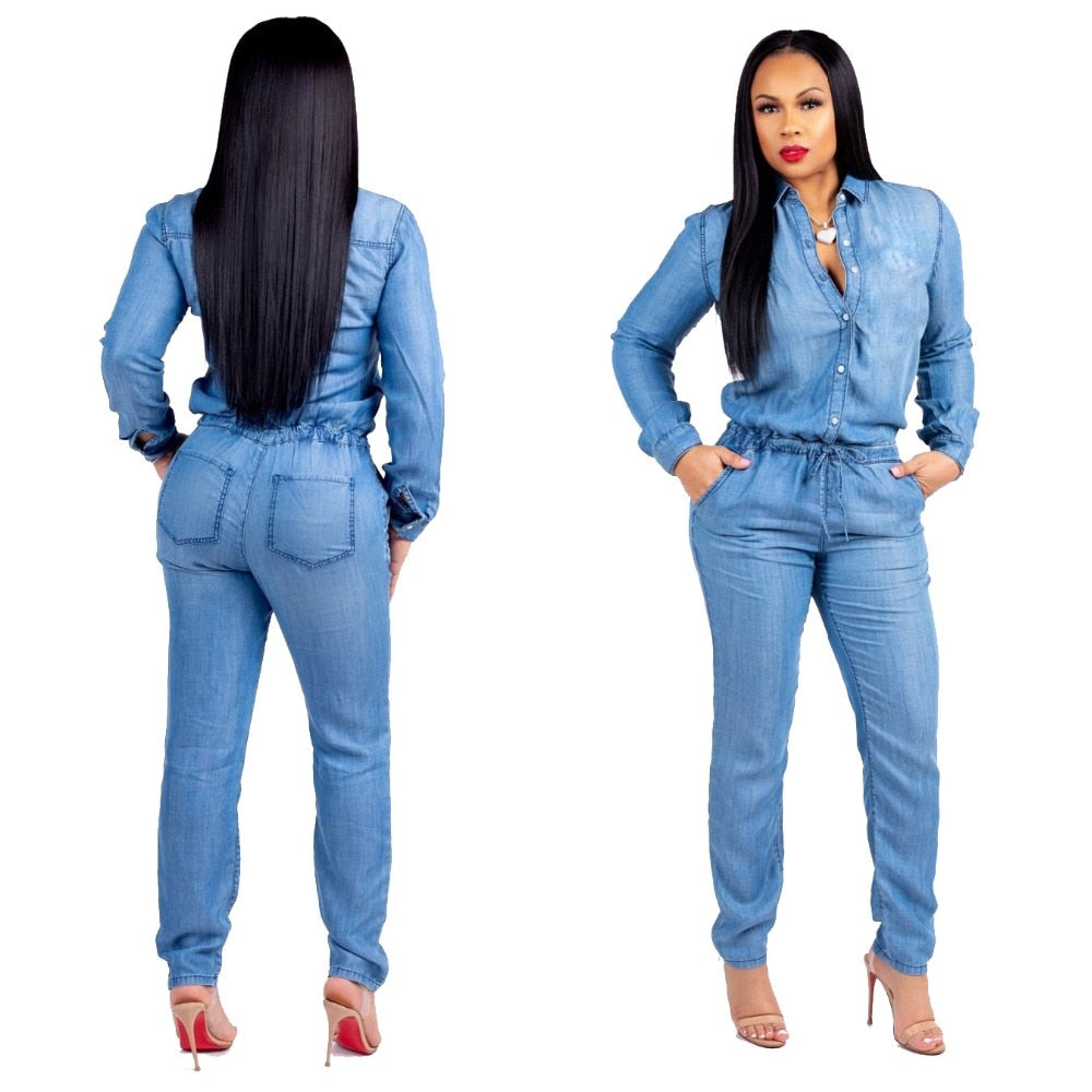 Denim  Plus Size Bodysuit Long Sleeve Romper Jeans