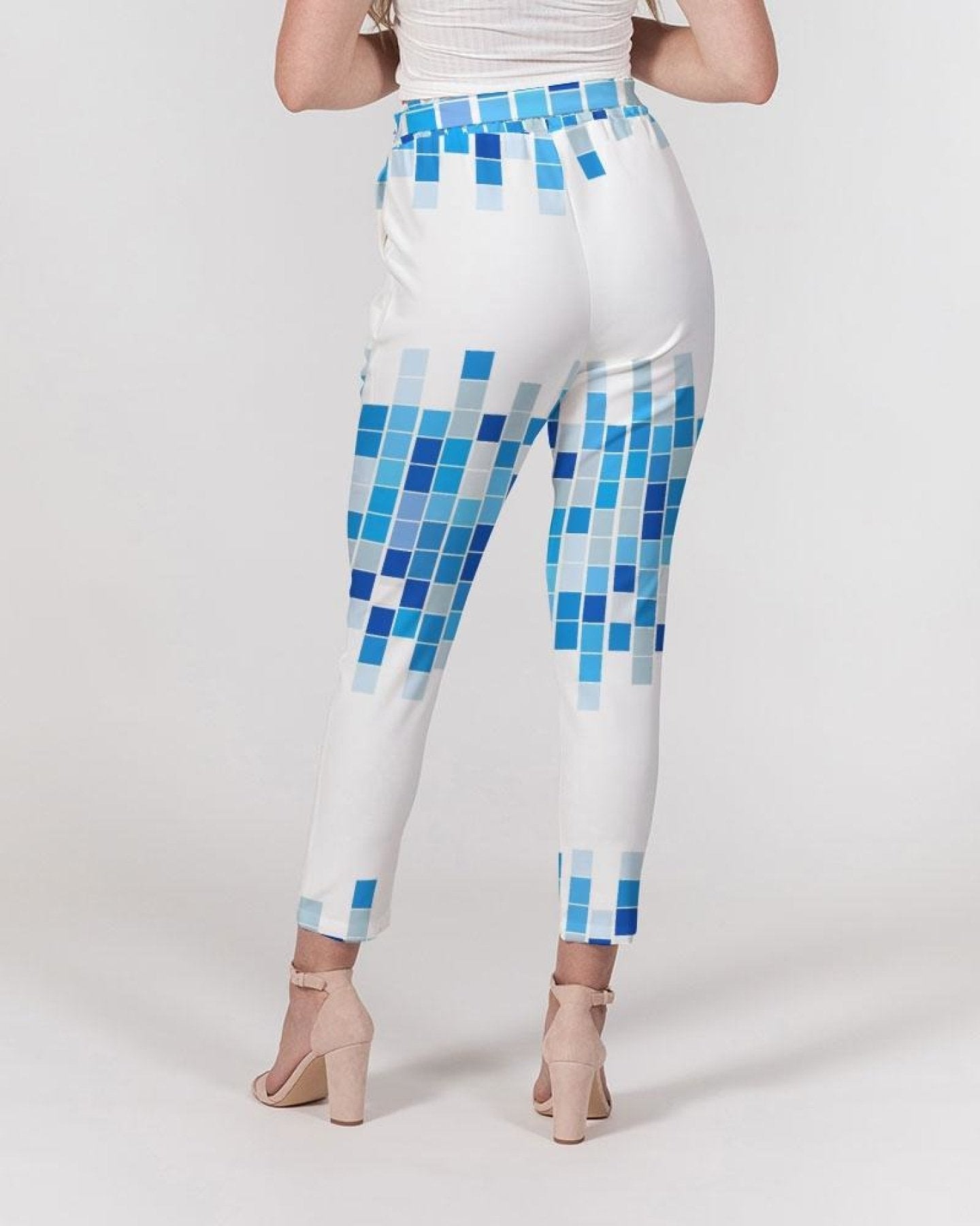 Women's Pants, Tapered Cut Trousers - Belted / Blue & White / Mosaic Design