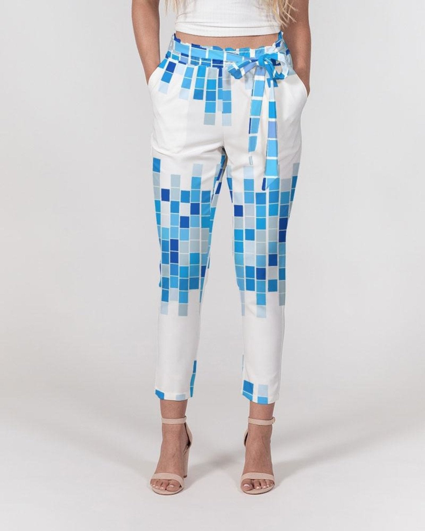 Women's Pants, Tapered Cut Trousers - Belted / Blue & White / Mosaic Design