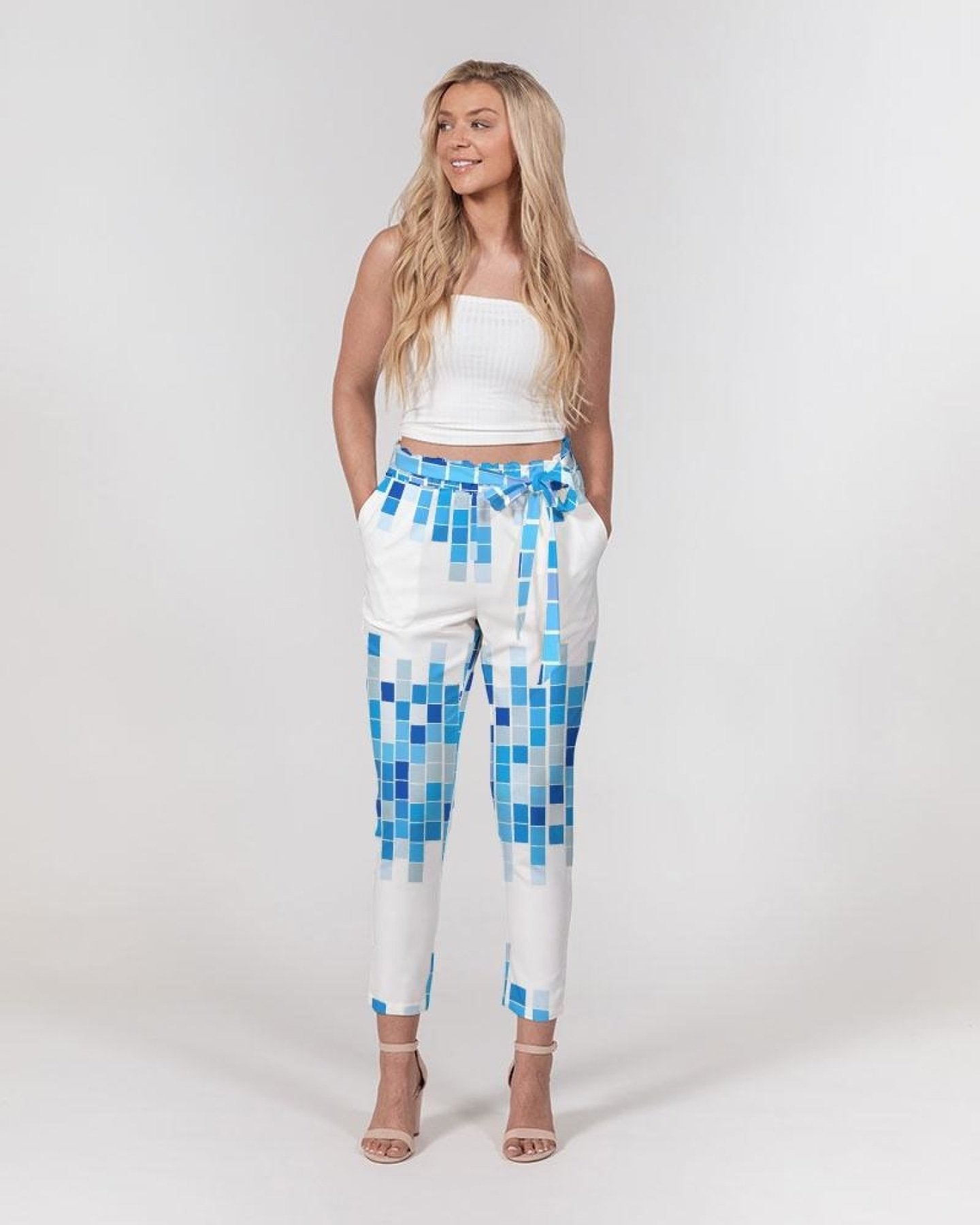 Women's Pants, Tapered Cut Trousers - Belted / Blue & White / Mosaic Design