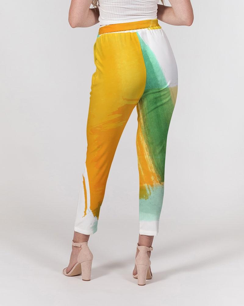 Women's Pants, Tapered Cut Trousers - Belted / Orange & Green / Tie-Dye Design