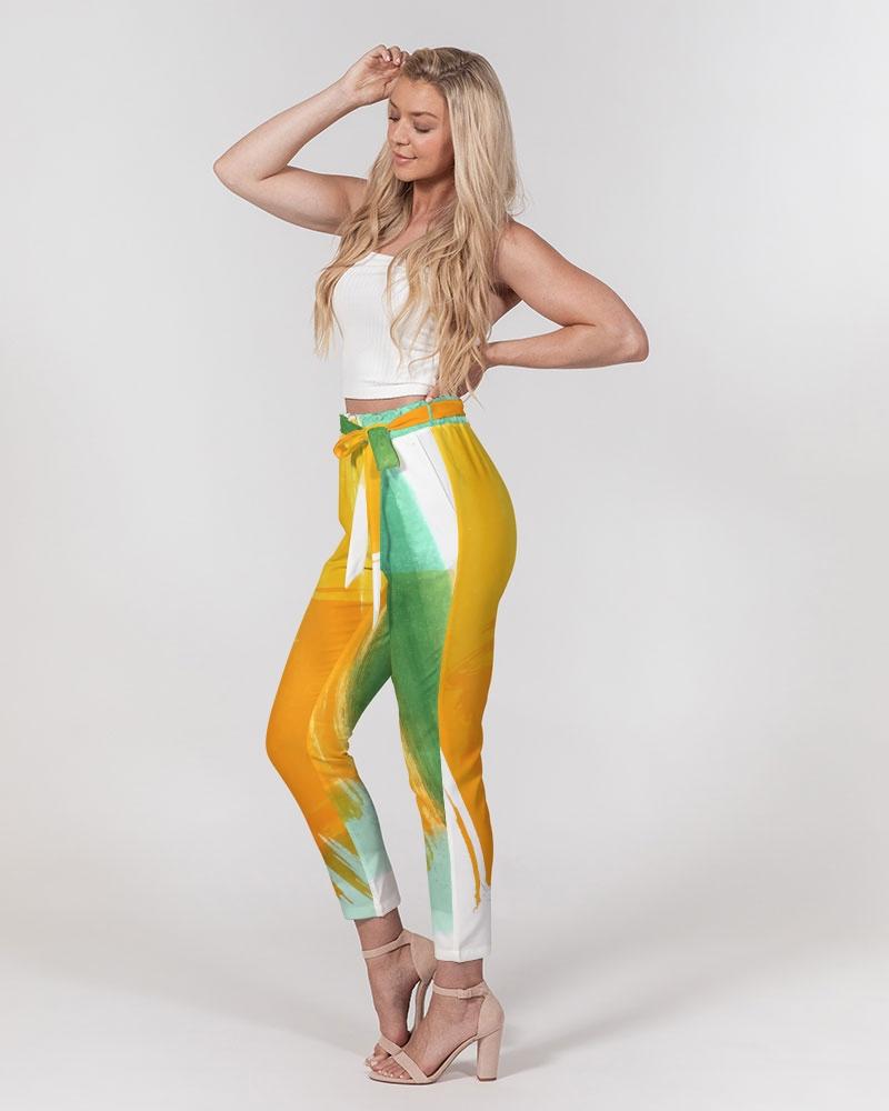 Women's Pants, Tapered Cut Trousers - Belted / Orange & Green / Tie-Dye Design