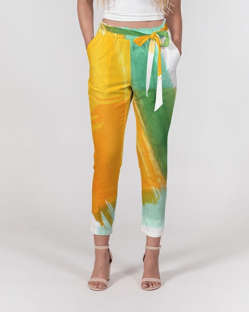 Women's Pants, Tapered Cut Trousers - Belted / Orange & Green / Tie-Dye Design