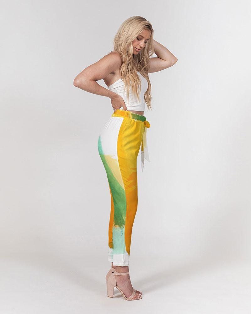 Women's Pants, Tapered Cut Trousers - Belted / Orange & Green / Tie-Dye Design