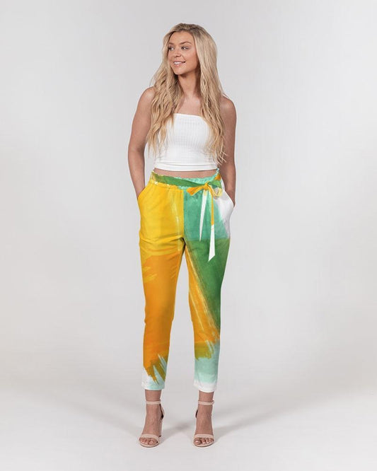 Women's Pants, Tapered Cut Trousers - Belted / Orange & Green / Tie-Dye Design