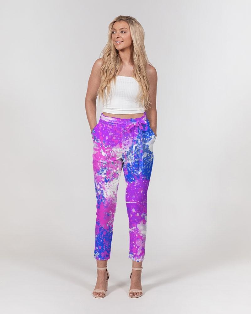 Women's Pants, Tapered Cut Trousers - Belted / Pink / Tie-Dye Design